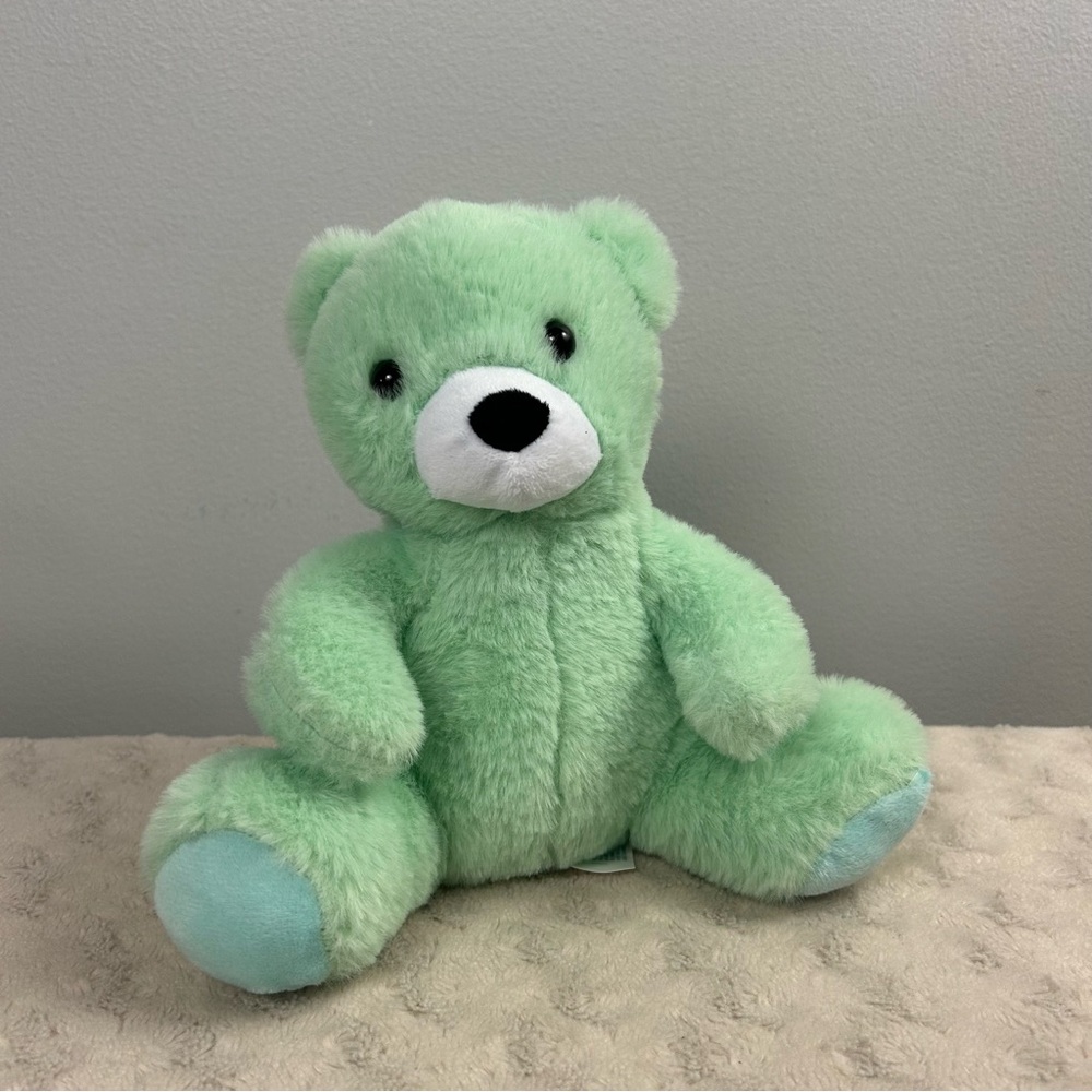 BJ Toy Co Green Blue Teddy Bear Plush Stuffed Animal White Black Sitting Seated